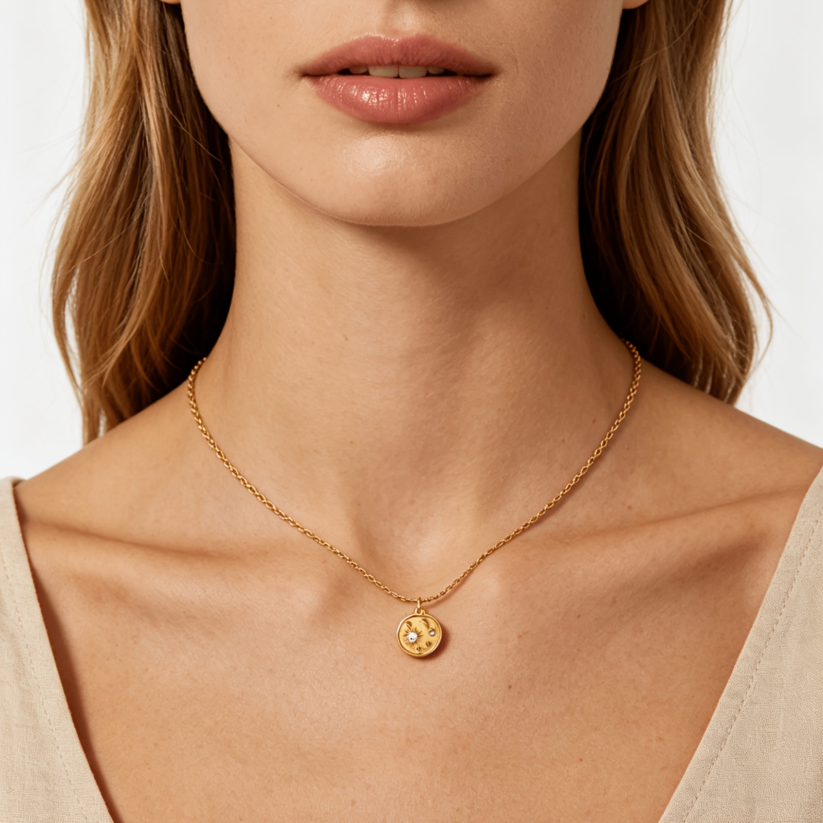 Stainless Steel Inlaid Colored Zirconia Moon Pendant Necklace